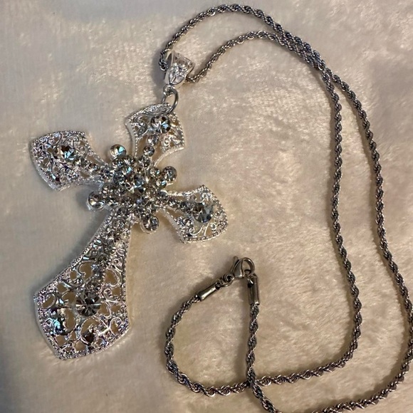 Gothic Cross Necklace Crystal Cross Choker Silver Tone Stainless Steel C… - Picture 6 of 12